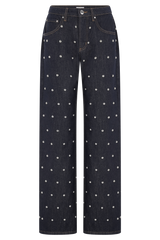 Alima Mid Rise Stud Denim Jeans - Washed Indigo Blue