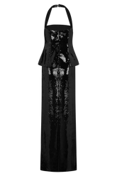 Bertie Sequin Peplum Halter Maxi Dress - Black