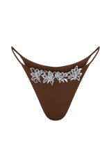 Bloom Embroidered Bikini Bottom - Chocolate With Pale Blue Embroidery