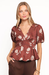 Griffin Peplum Blouse - Brown Floral