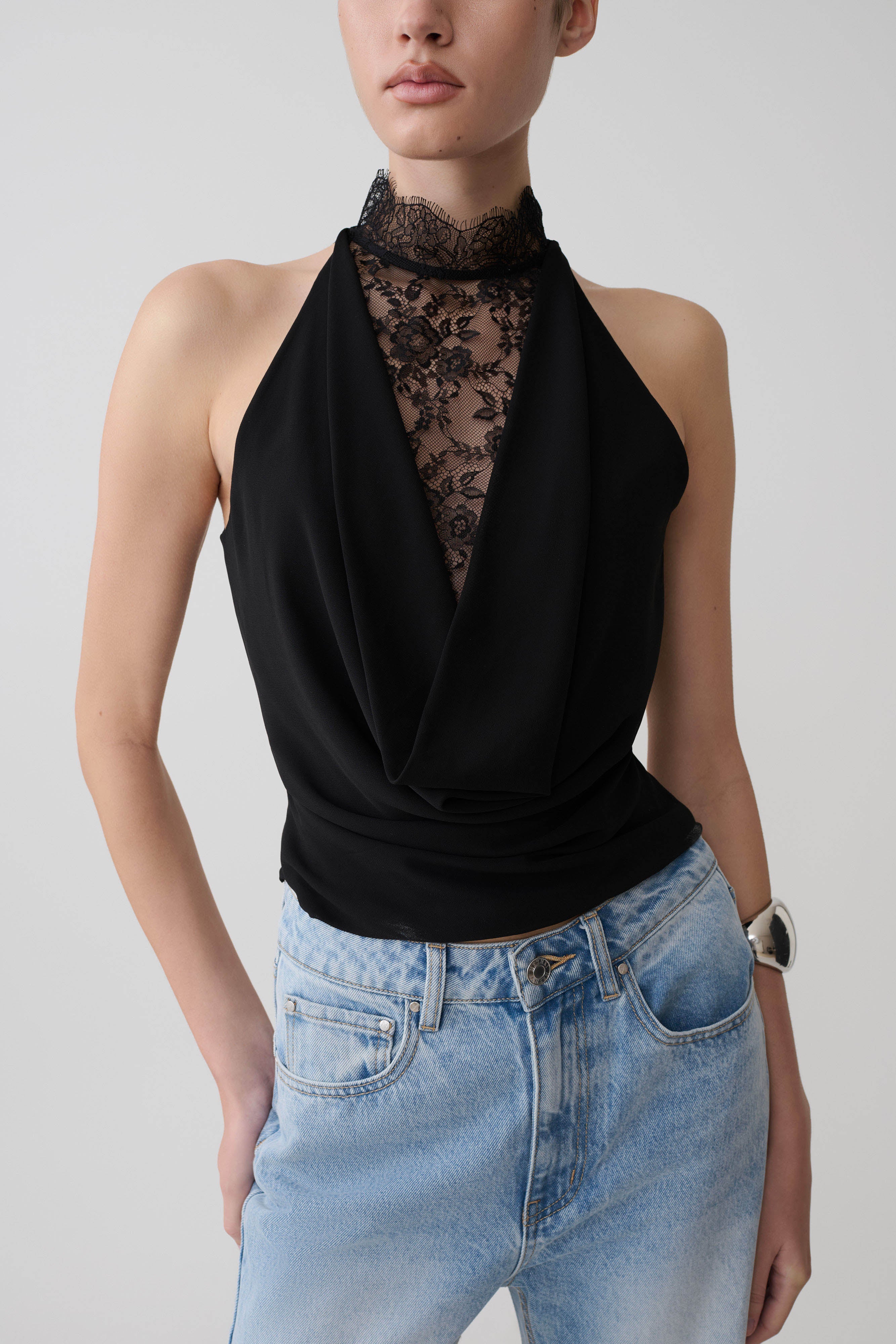 Arra Chiffon & Lace Halter Top - Black
