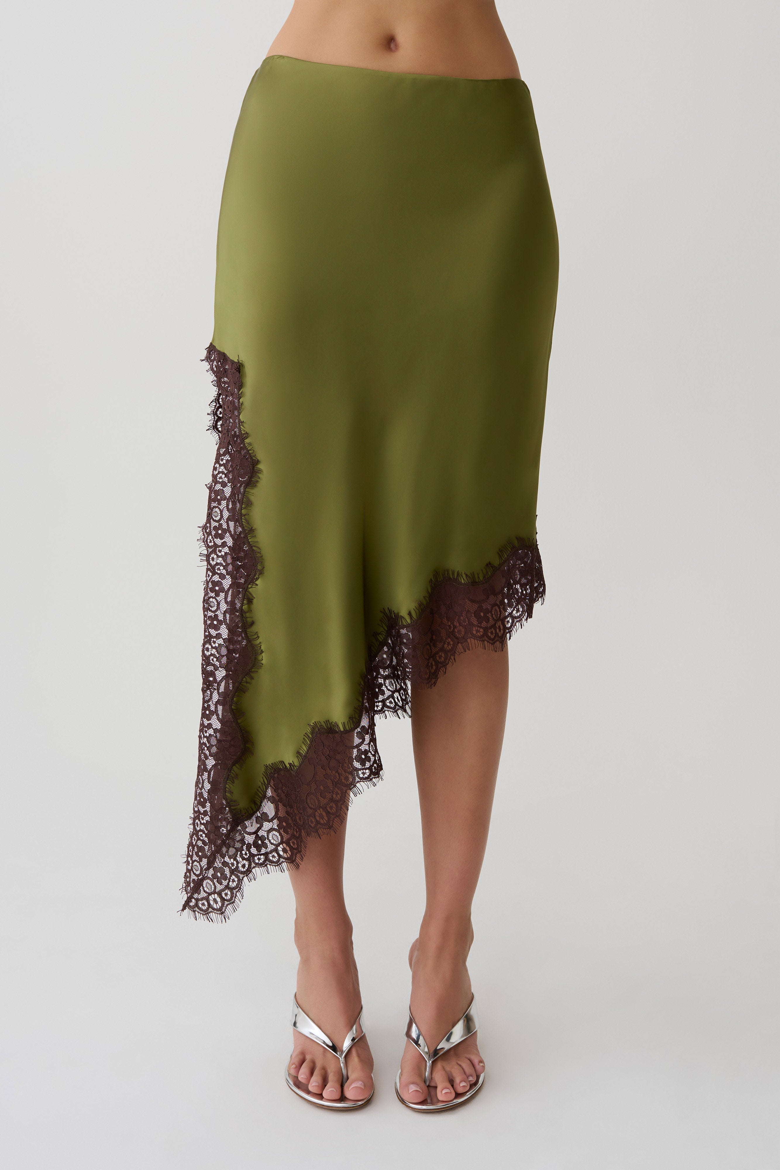 Amber Satin And Lace Midi Skirt - Olive