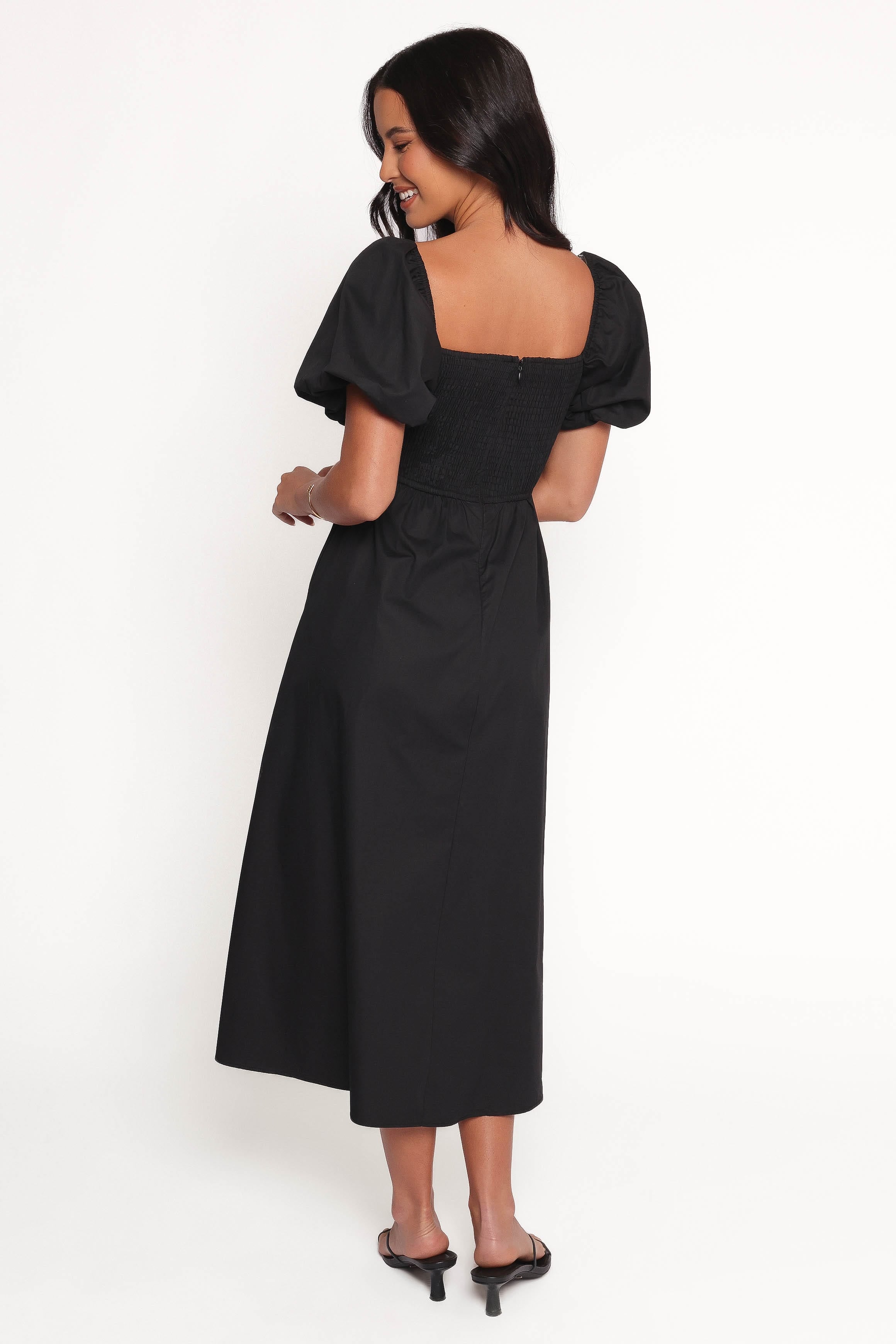 Clo Puff Sleeve Midi Dress - Black