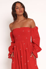 Domenica Shirred Long Sleeve Midi Dress - Red Floral Bandana