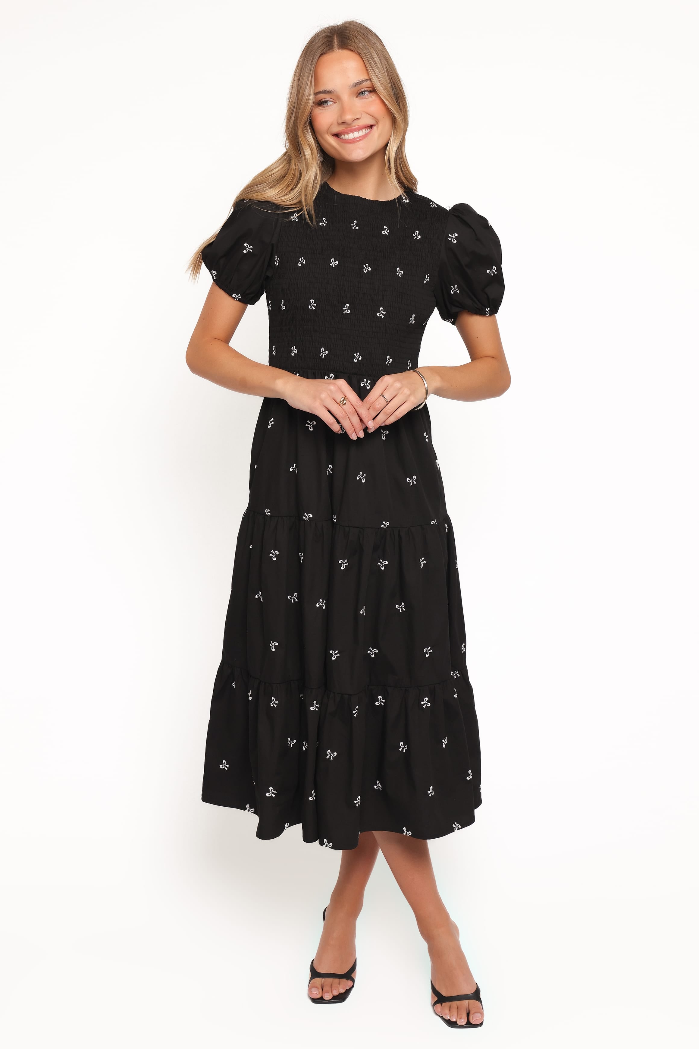 Naura Shirred Tiered Midi Dress - Black Bow