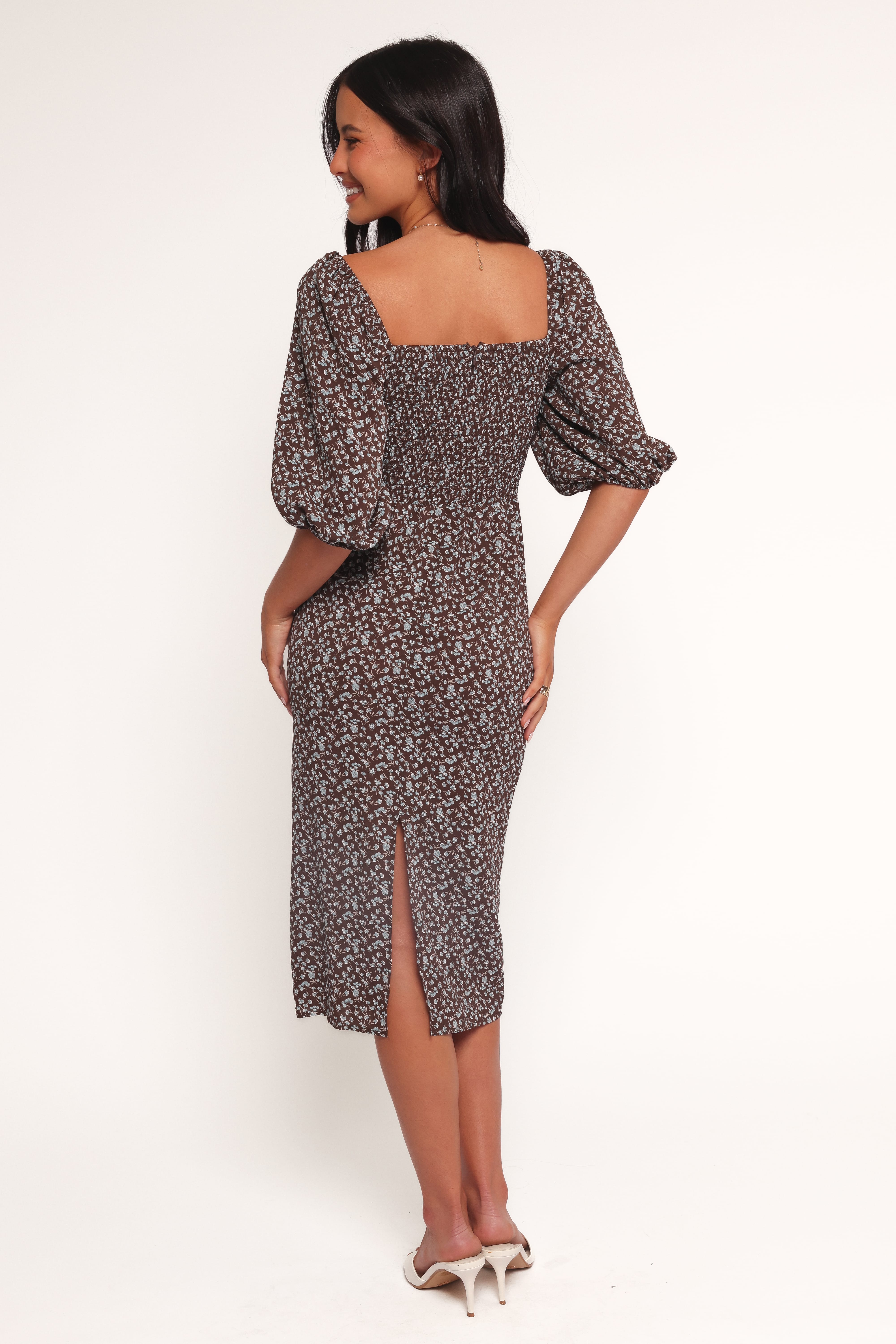 Oona Midi Dress - Brown Blue Floral