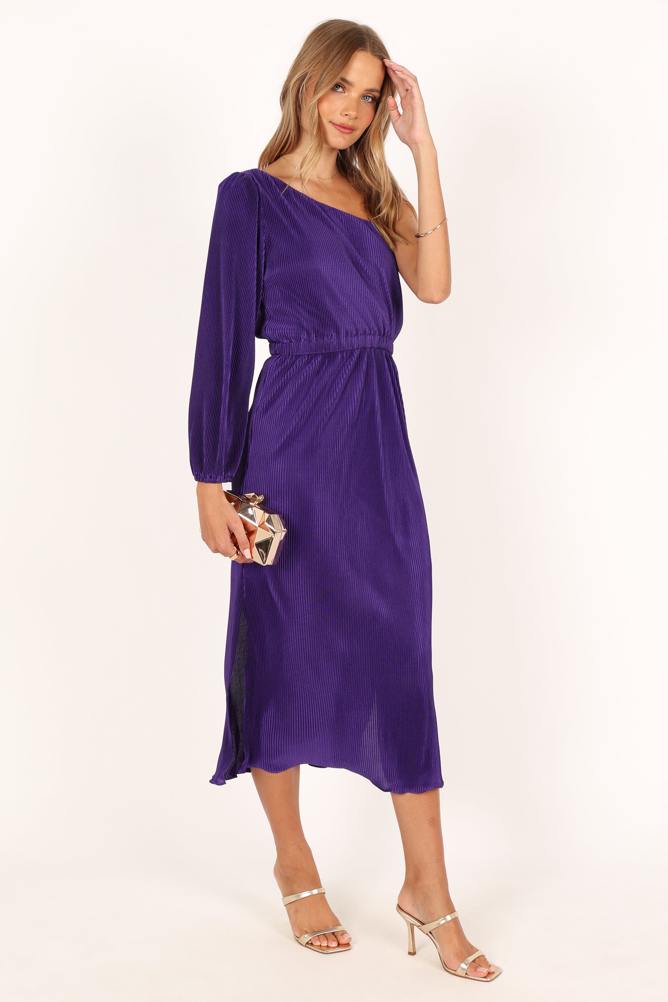 Pontee One Shoulder Pleated Midi Dress - Purple