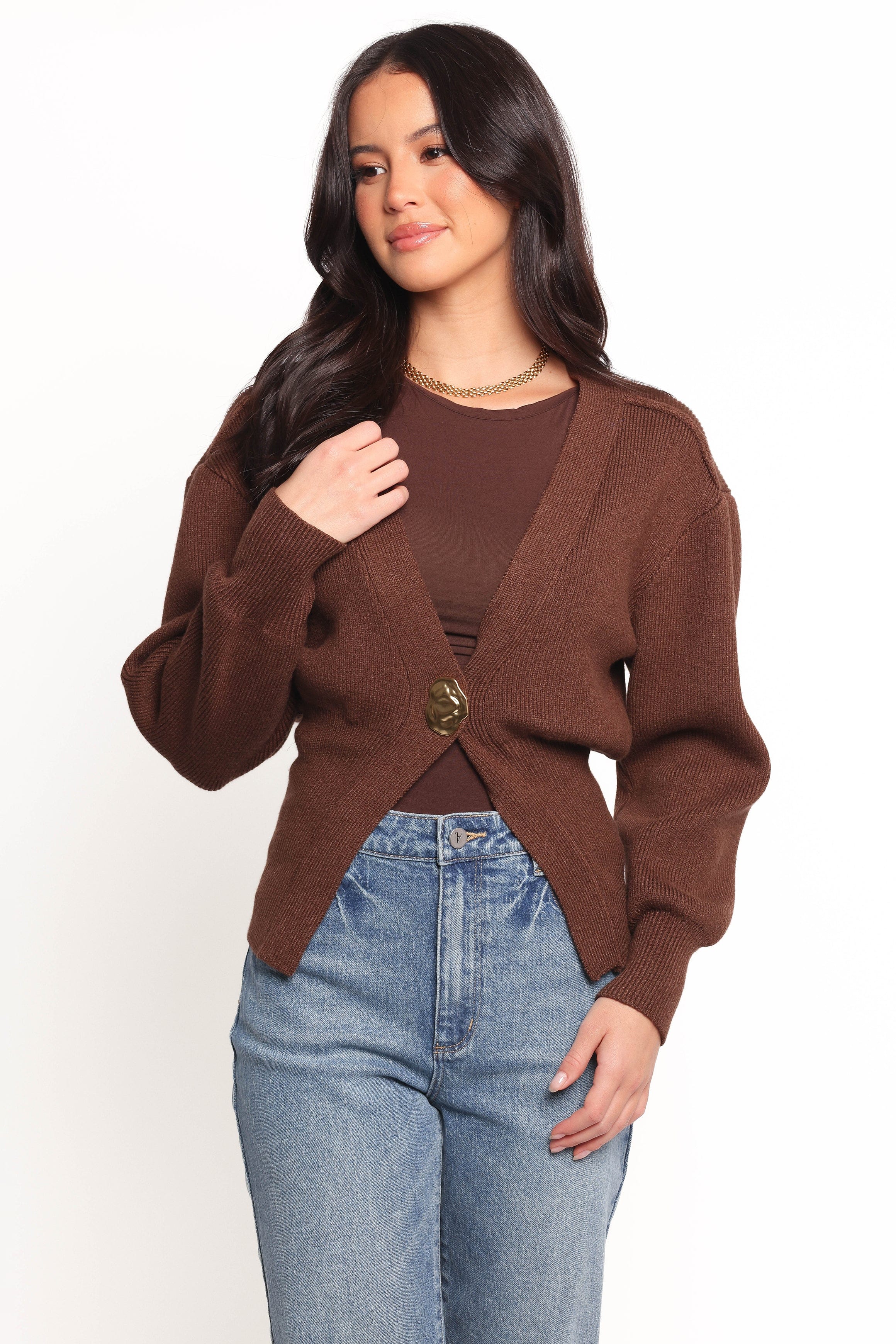 Cyrelle Single Button Cardigan - Brown