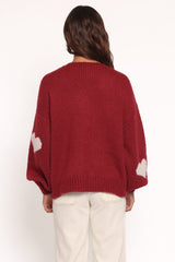 Nadine All Over Heart Tie Front Cardigan - Wine