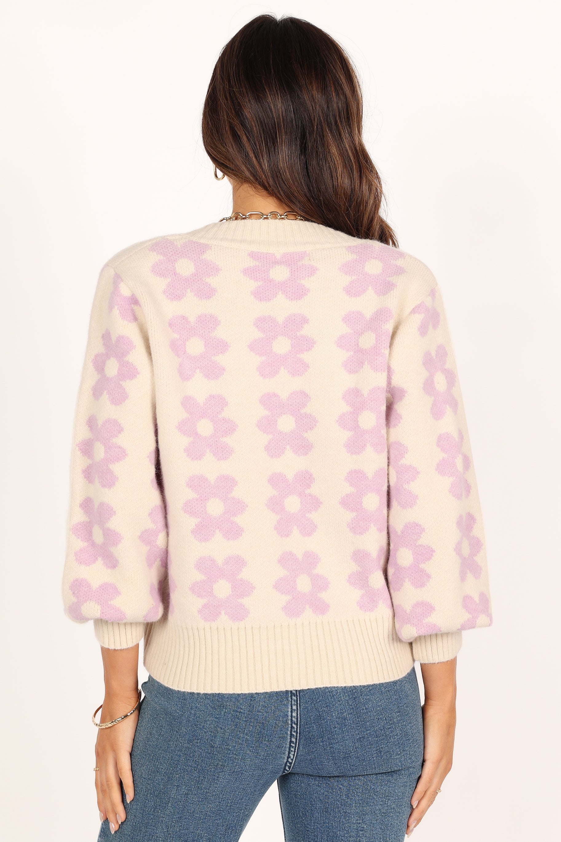 Remi Vneck Flower Knit Sweater - Lilac