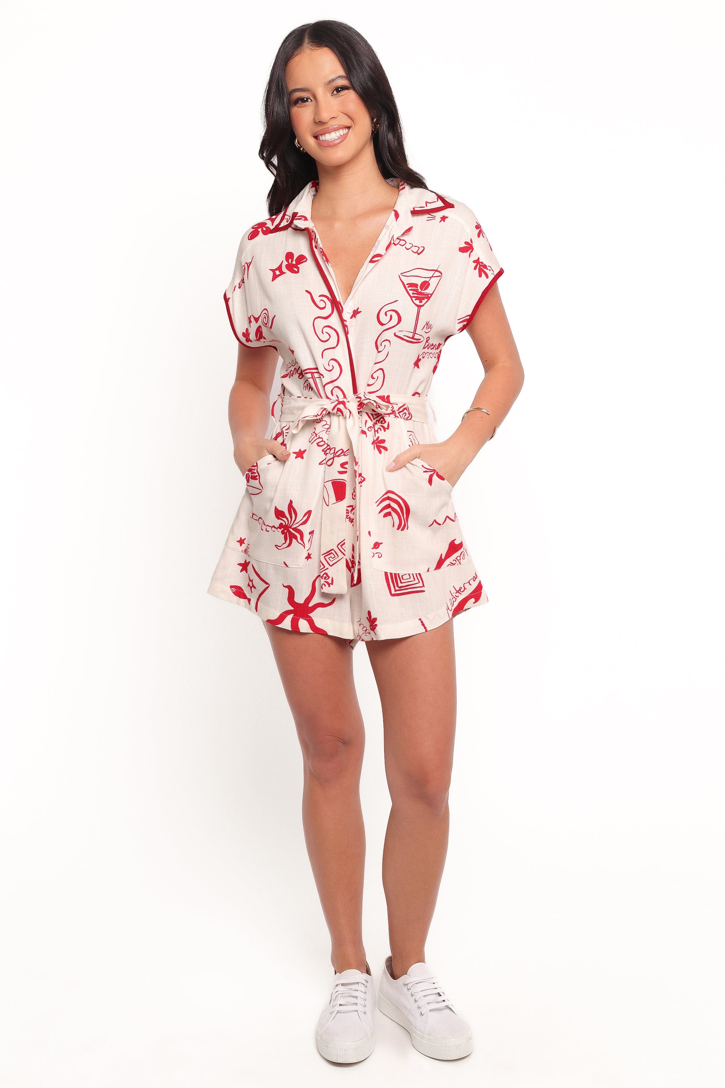 Kensie Tie Waist Romper - Red