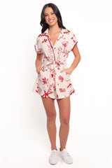 Kensie Tie Waist Romper - Red