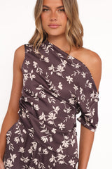 Romola Off Shoulder Top - Brown Cream Floral